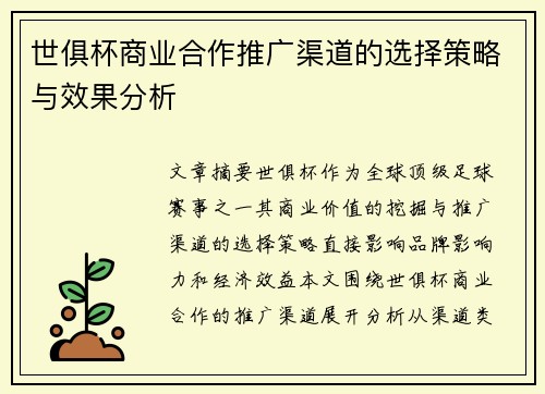 世俱杯商业合作推广渠道的选择策略与效果分析