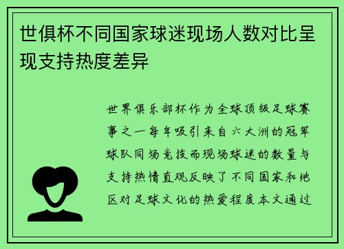 世俱杯不同国家球迷现场人数对比呈现支持热度差异